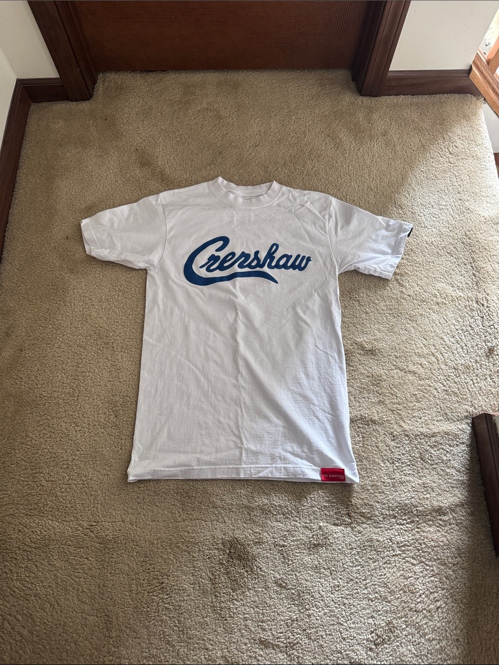 The Marathon Clothing White Tee with Blue "Crenshaw" Script